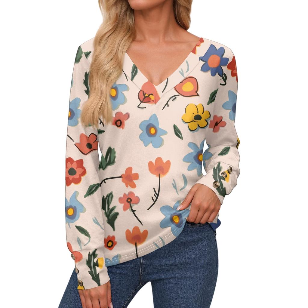 Dame Topper Langermet Mansjetter Knappelukket Skjorte V-hals Casual Løs T-skjorte Blomstrete Topper