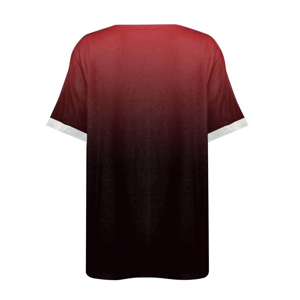 Women's Summer Loose T-shirt Gradient Color Printed Casual V-neck Sequin Short-sleeved Top