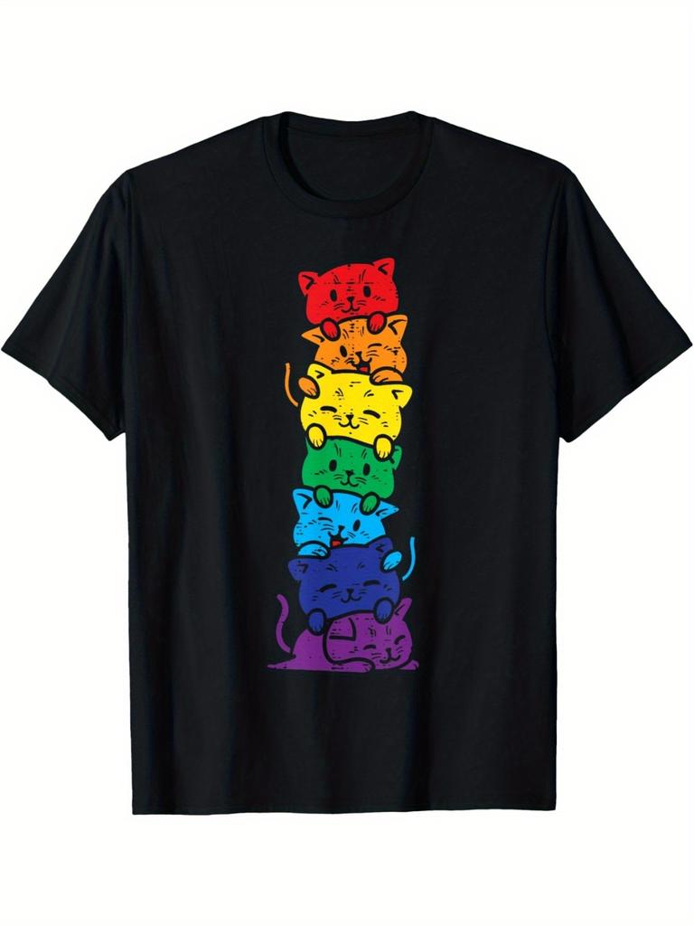 Rainbow Cat Stack Pride LGBT Gift Graphic Tee Cute Animal Lover Casual Short Sleeve TShirt