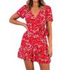 Boho Floral Wrap Dress for Women V Neck Short Sleeve Short Swing Dress