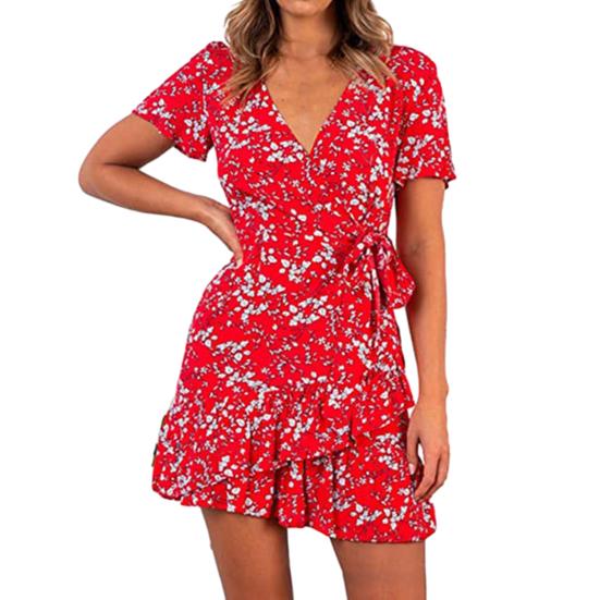 Boho Blomstret Omslagskjole for Kvinner V-hals Kortermet Kort Svingkjole med Kapper Sommer Strand Solkjole