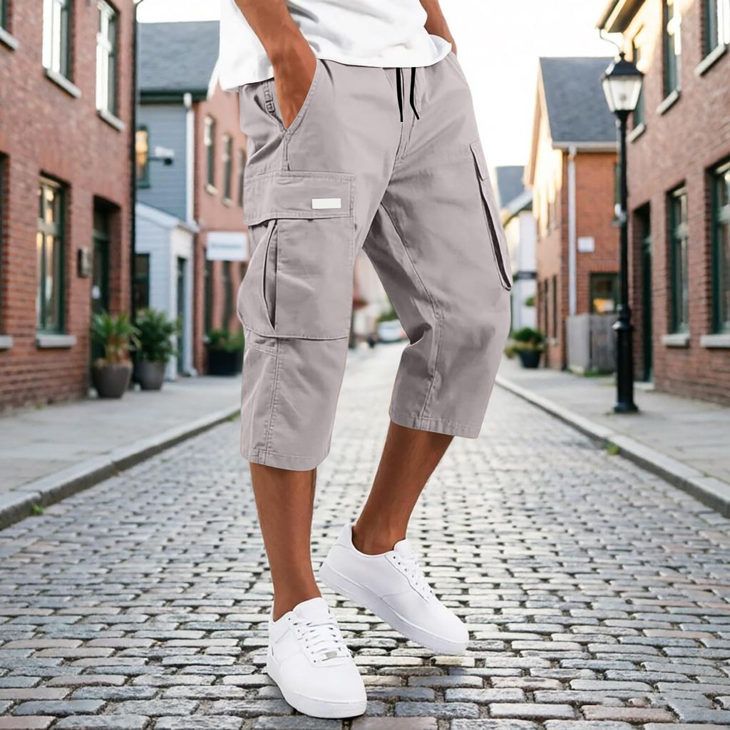 Men’s Drawstring Waist Multi Pocket Cargo Capri Pants Relaxed Fit Seven Quarter Length Casual Trousers for Everyday Wear