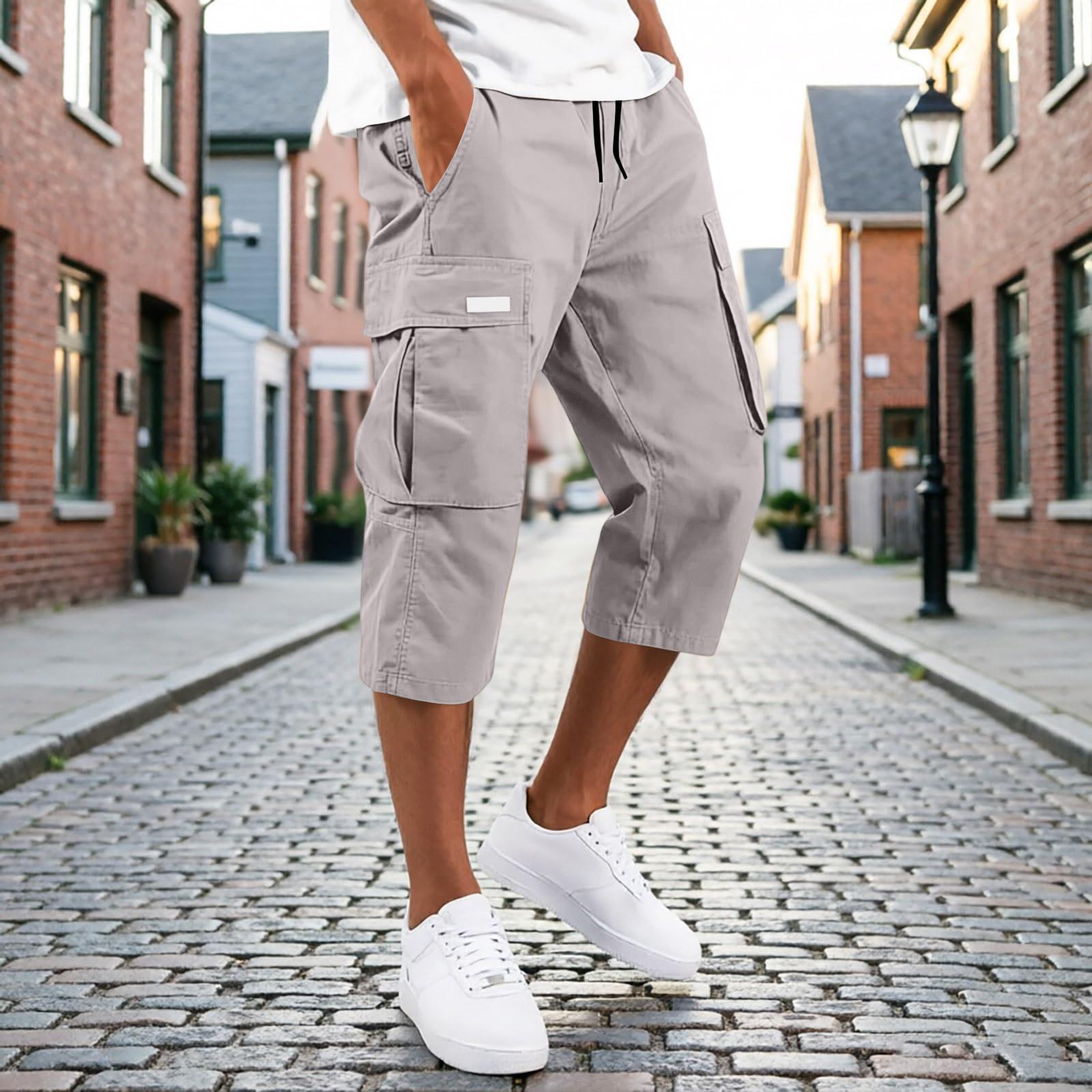Xingben Six Heren Capri Broek met Trekkoord Taille en Meerdere Zakken Cargo Relaxte Pasvorm Zeven Achtste Lengte Casual Broek voor Dagelijks Gebruik L beige