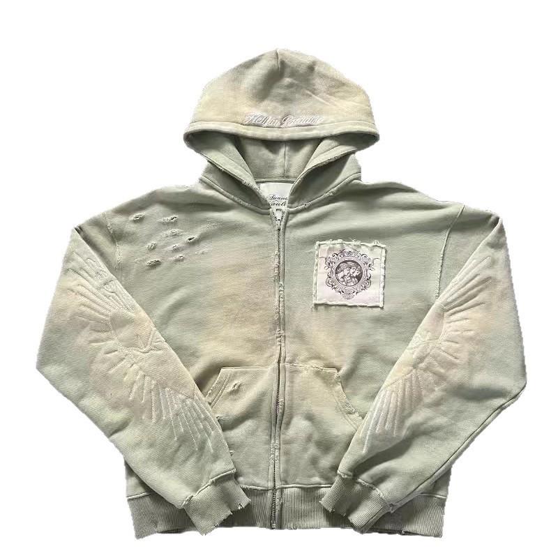 Felpa con cappuccio e zip oversize con stampa Vestibilità ampia Manica lunga Top Streetwear Uomo