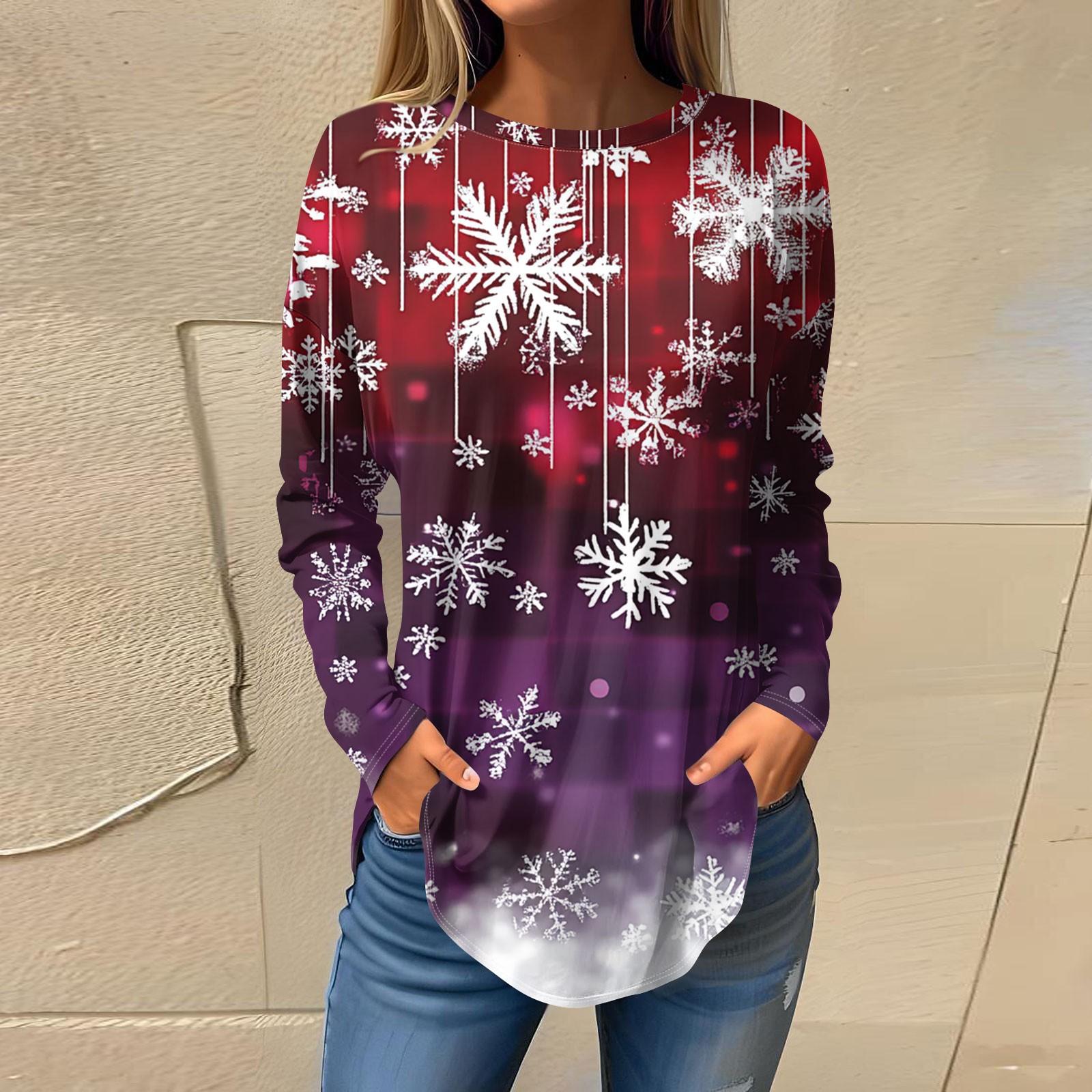 

Женская модная свободная футболка с круглым вырезом и рождественским принтом, длинный рукав XXXL красный