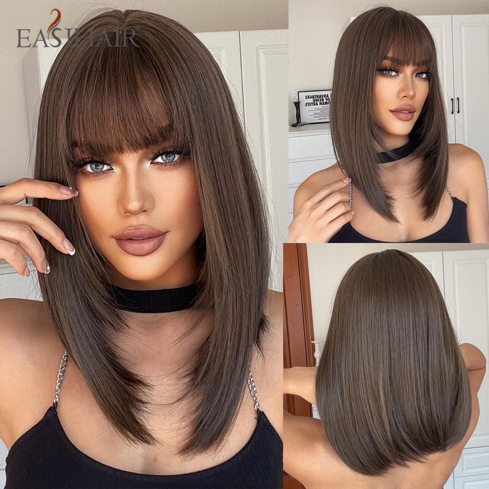 EASIHAIR Synthetic Bob Wigs with Bang Short Straight Light Blonde Beige Natural Hair Wigs for Women Daily Cosplay Heat Resistant