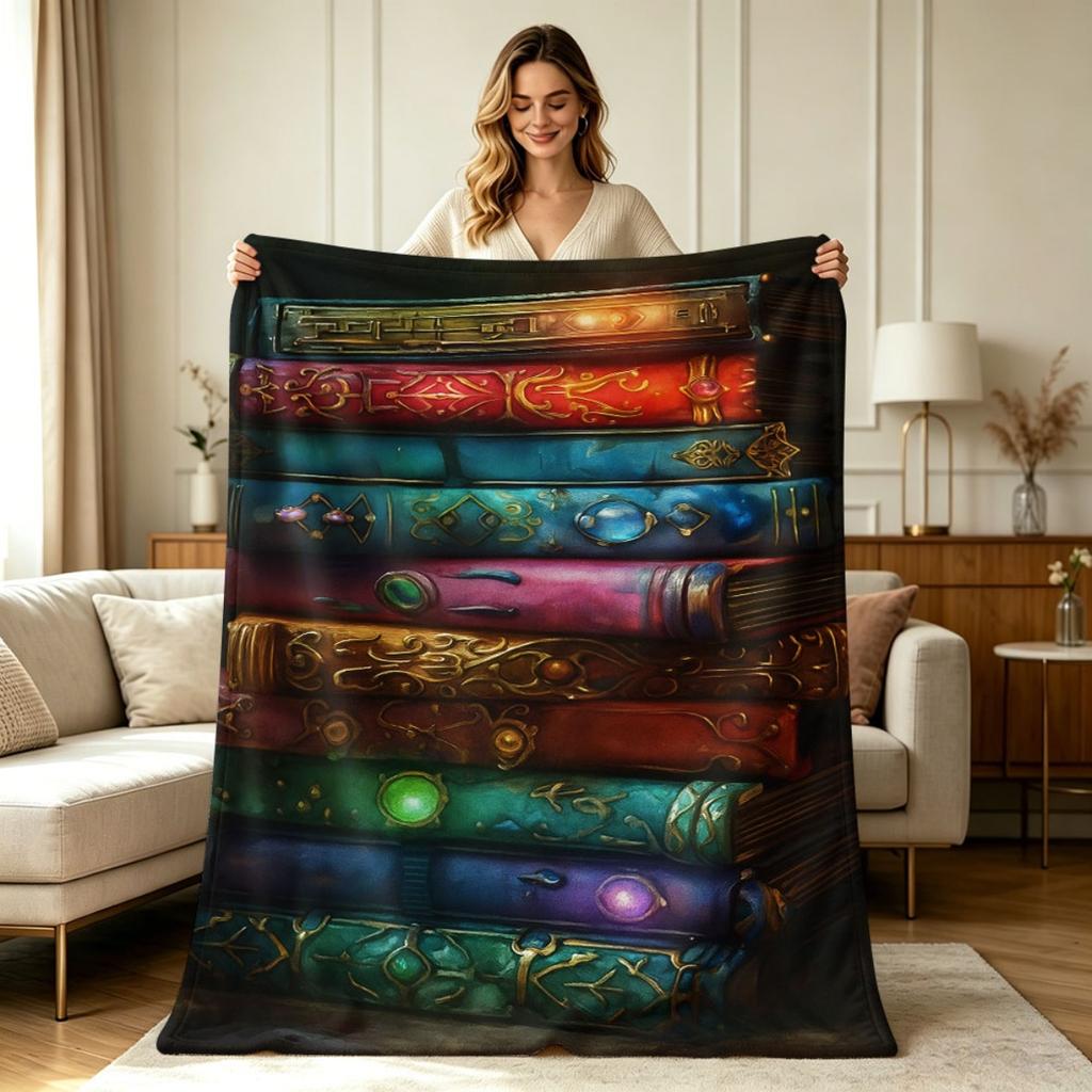 All Season Vintage Ornate Book Stack Print Flannel Blanket Soft Warm Cozy Throw Blanket for Sofa Couch Living Room Bedroom Office Home Decor