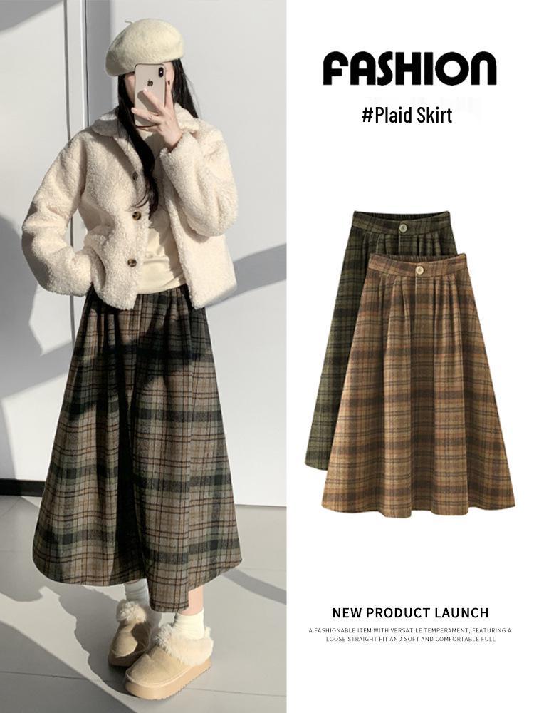 Korean Retro Plaid Woolen A-line Skirt for Women - High Waist Winter Long Skirt