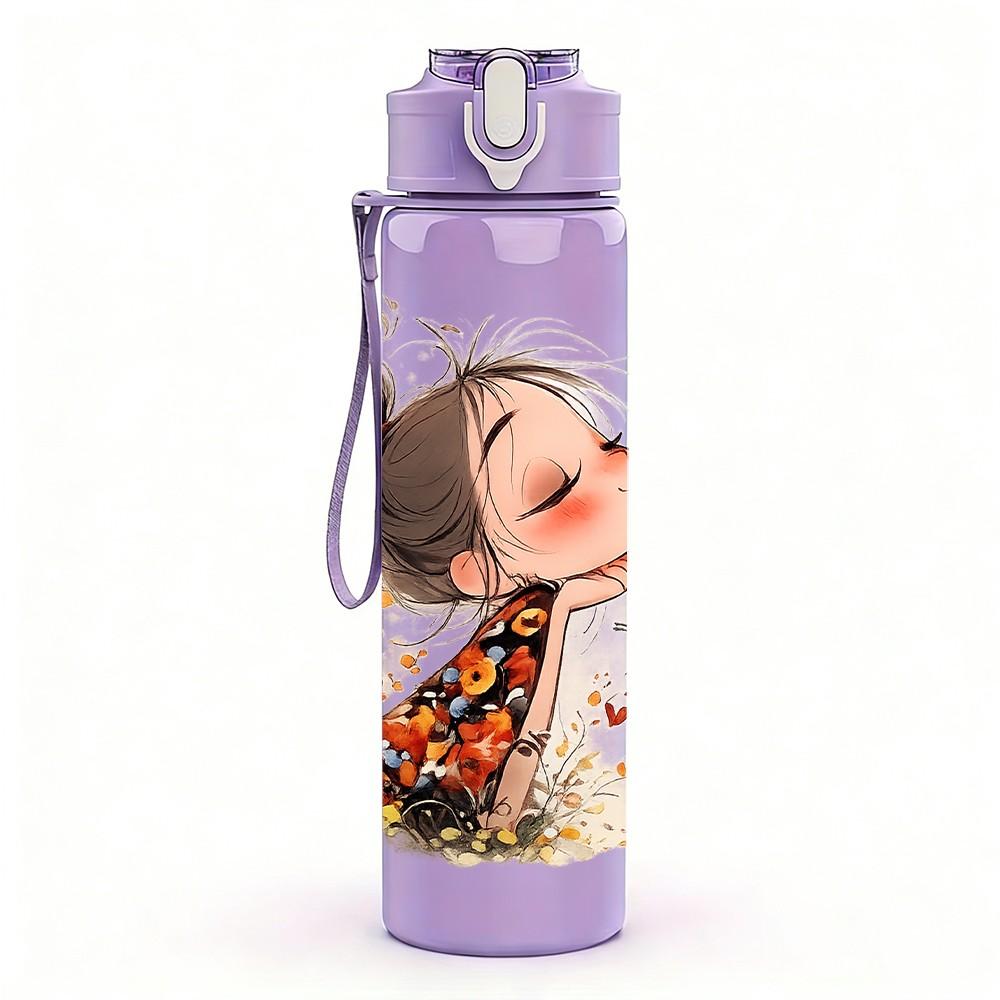 1PC Little Girl Oriental Style Art Print 750ml Color Plastic Sports Water Bottle Leakproof Flip Straw Lid Suitable for Sports Office Home Use