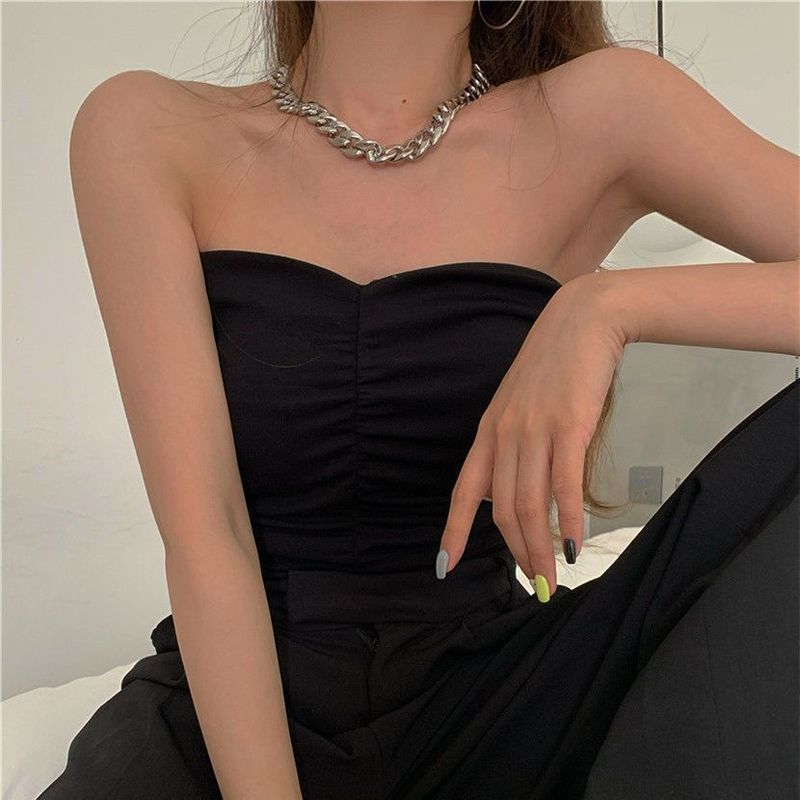 

Tube Top Short Vest off-the-Shoulder Basic Strapless Tops Fashion Sexy Pure Desire Beautiful Back Wrapped Chest Outwear Suit Inner Wear Black without chest pad M