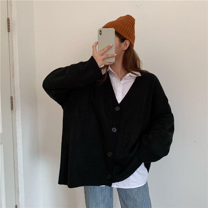 Women's Korean Style Loose Student Versatile Button Knitted Cardigan Top Solid Color Loose V-neck Sweater