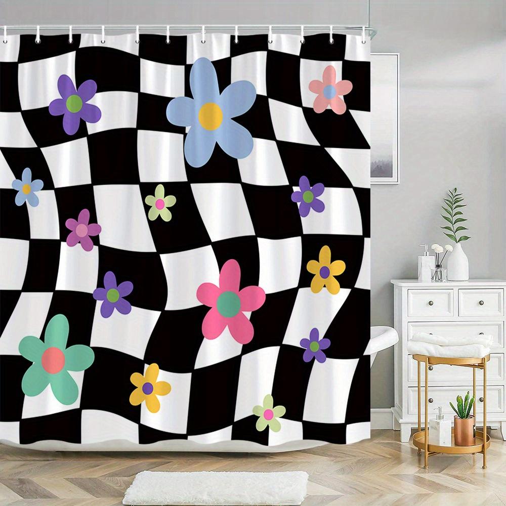 

1Pc Retro Floral Checkerboard Shower Curtain - Vibrant Pink, Blue, Green, Yellow & Purple Flowers On Black-And-White Checkerboar W60H190(CM)-1 Pcs