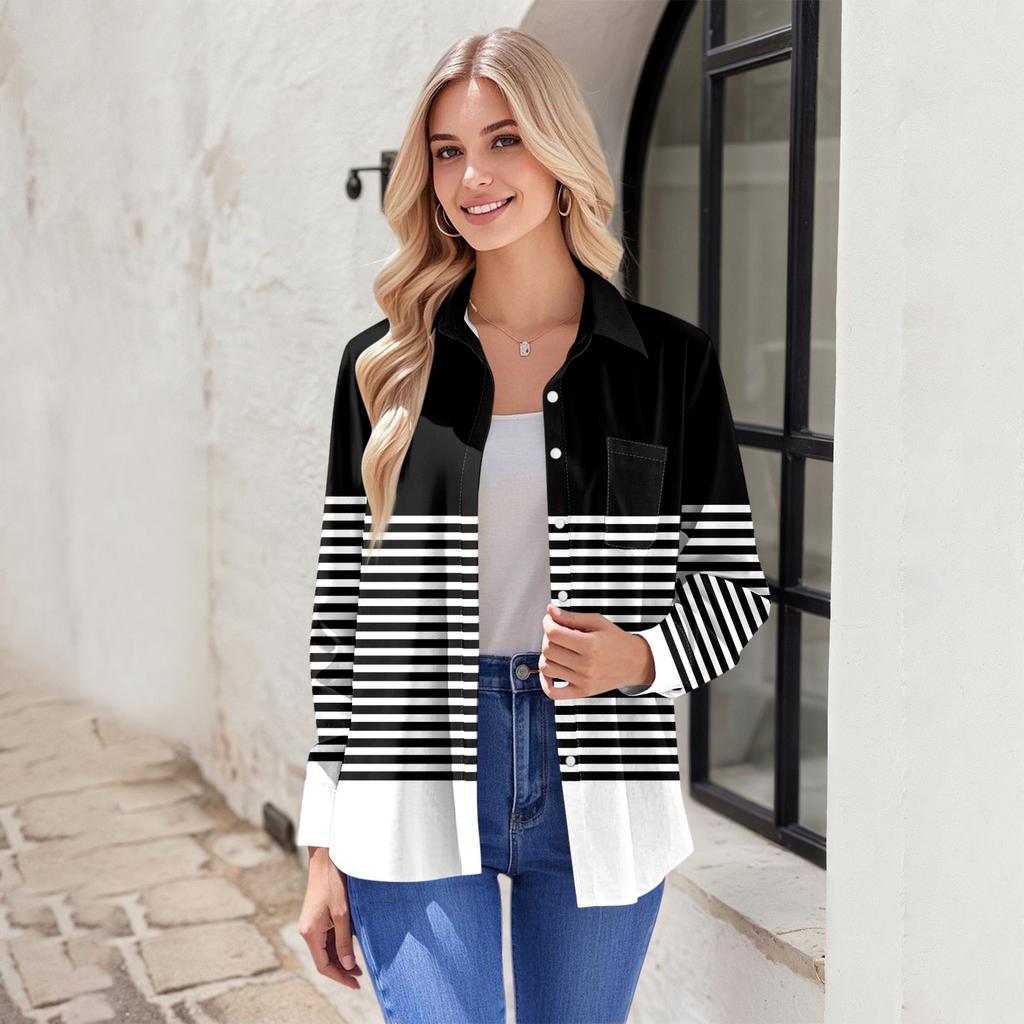 Camicia da Donna Stampata con Bottoni Camicia a Maniche Lunghe Top da Lavoro Business Casual con Tasche Giacca