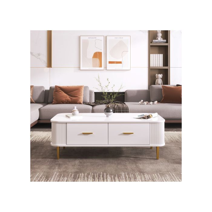 Table basse - MUVOE - Rectangulaire - Blanc et doré - 4 tiroirs - Design contemporain