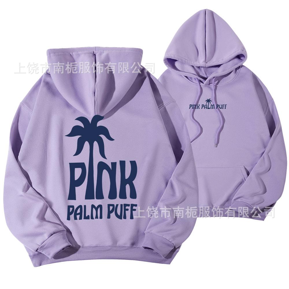 Women's Hooded Long Sleeve Drop Shoulder Pullover Sweatshirt Palm Tree "PINK PALM PUFF" Back Letter Print Casual Hoodie