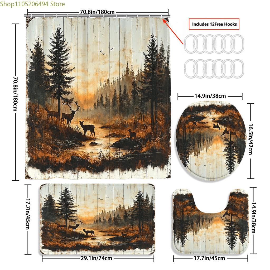1/3/4pcs Stream Reindeer Pattern Shower Curtain Set, Bathroom Set, Toilet Seat, Includes And Non-Slip, with 12 Plastic Hooks,