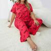 European & American Style Women's Plus Size Heart Print Pajama Set - Short Sleeve, Crew Neck, Long Pants