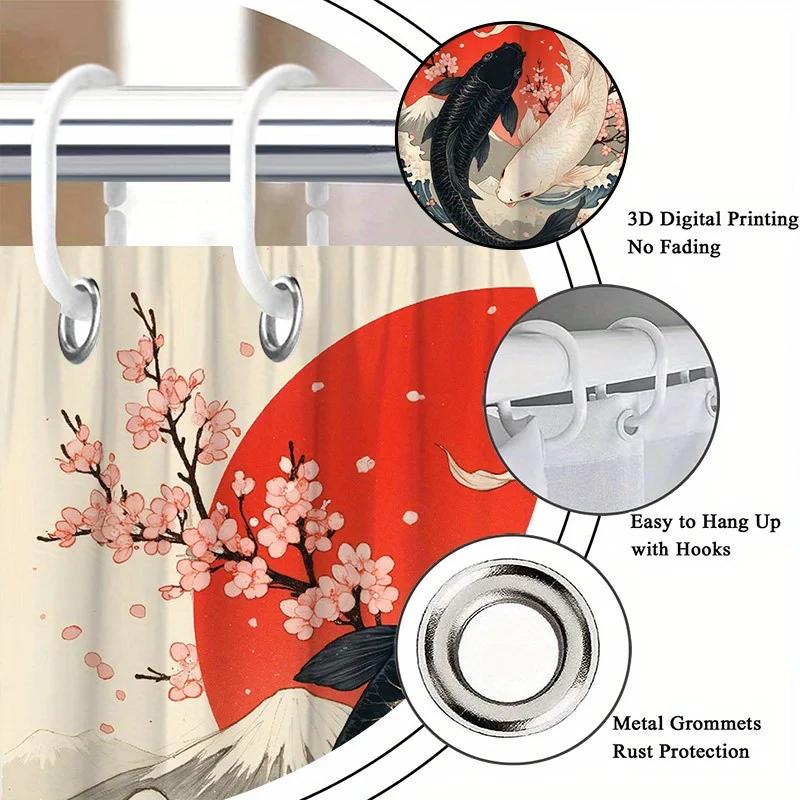 1pc Japanese Ukiyoe Koi Shower Curtain, Cherry Blossom, Red Sun, Snow Mountain Pattern, Easy to Hang, Fashionable Bathroom Dec