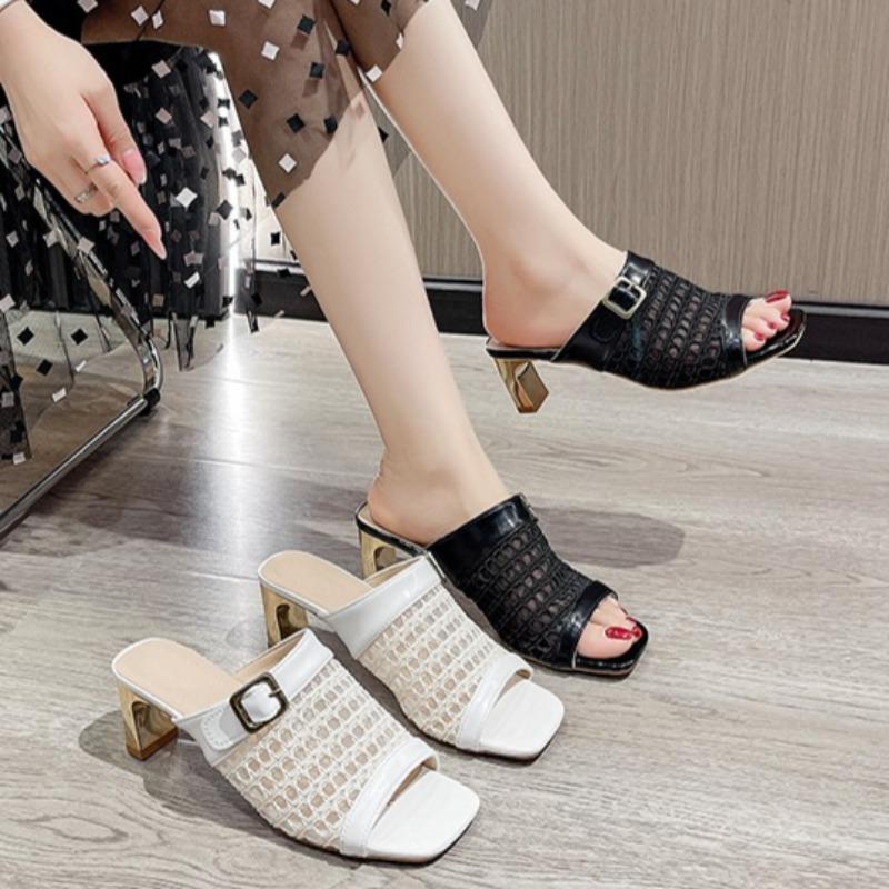 Fashion Breathable Woven Mesh Cut-out Square-toe Slippers Women's Outer Summer New French Fashion Open-toe One-word Cool Mop