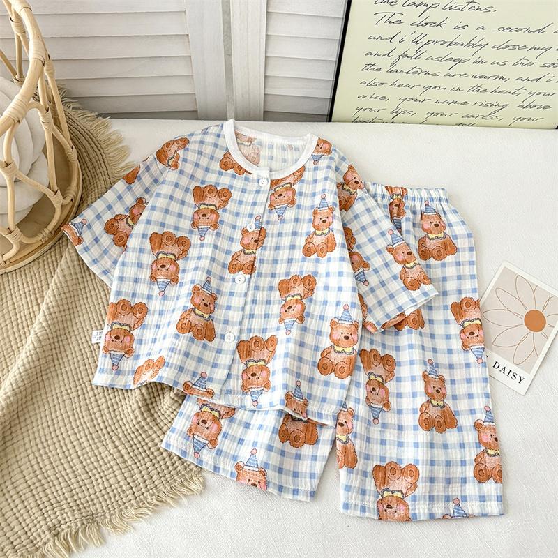 2026 Neues reines Baumwoll-Gaze-Schlafanzug-Set für Kinder für Frühling und Sommer Baumwollgarn Hauskleidung für Jungen und Mädchen