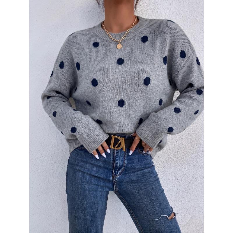 Women S Polka Dot Jacquard Knit Loose Long Sleeve Pullover Sweater