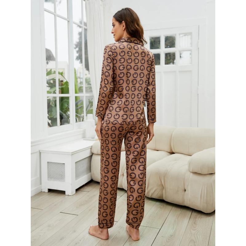 Letter Print Satin Sleep Set Long Sleeve Tops + Trousers Casual & Cute Pajamas Women's Loungewear & Sleepwear