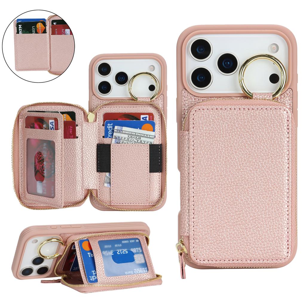 Custodia per Telefono in Pelle con Cerniera e Anello Antiscivolo con Motivo Litchi per iPhone 17 Pro Max 16 Plus 15 14 13 12 Cover a Borsa Antiurto
