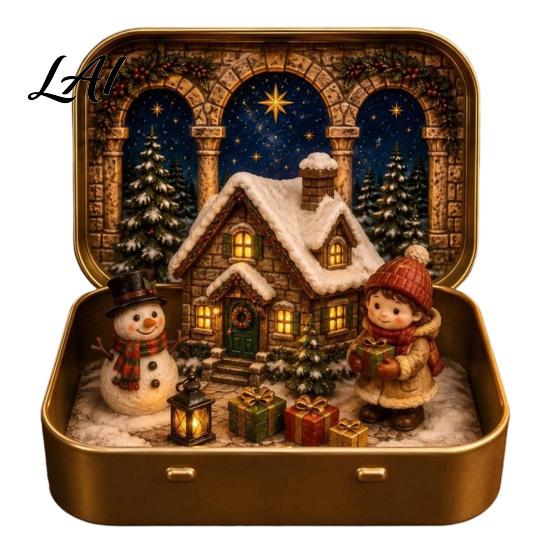 Christmas Mantelpiece A Tin Set in Ornament Mini Box, Pocket Size Holiday Scene Desktop