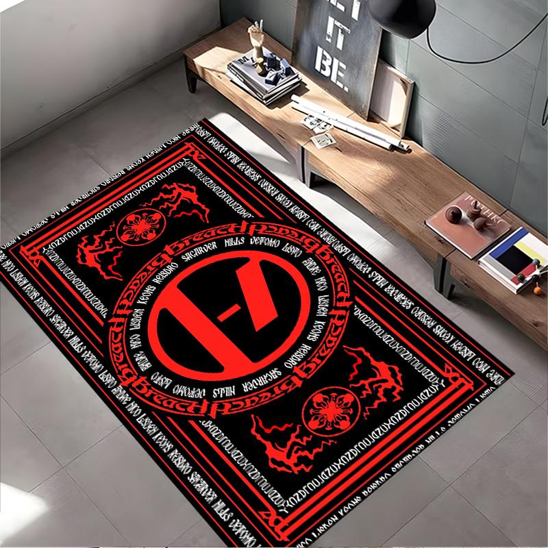Rock Band Area Rug, Twenty One Pilots Breach Red Black Occult Sigil Logo Gothic Print, Rock Music Decor, Non-Slip Mat