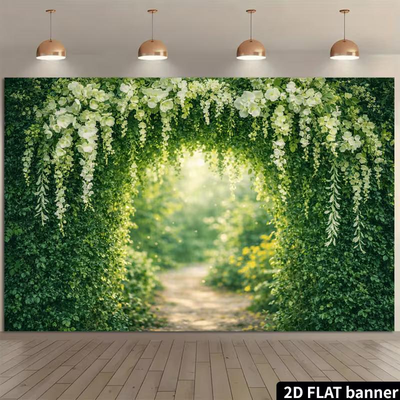 2D Üppiges Grün mit Weißen Blumen Hintergrundtuch Fotokabinen Requisite