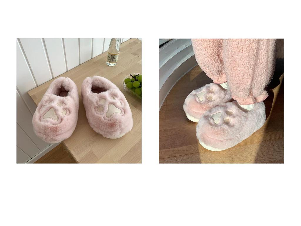 Women's Cute Korean Style Heart Plush Winter Slippers with Cat Paw Design and Soft Full Heel