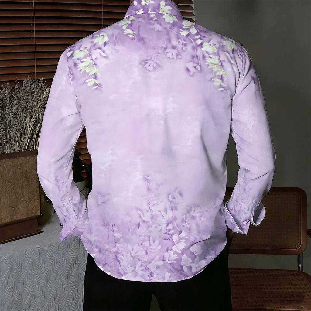 Men Collared Shirt Light Purple Wisteria Floral Print Long Sleeve Button Down Top