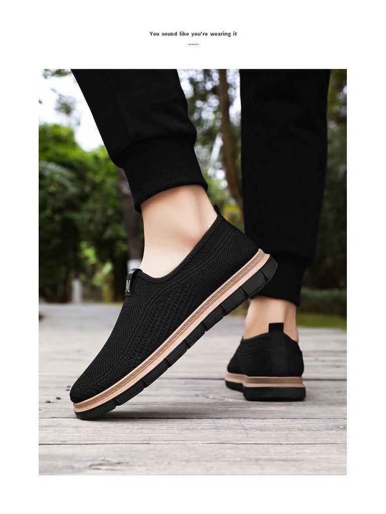 Men's Breathable Flyknit Slip-on Casual Shoes, Plus Size, Odor-Resistant Dad Style.