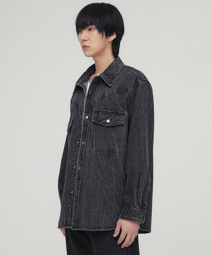 Minav Cracked Wash Denim Shirt Jacket [Dusty Black]