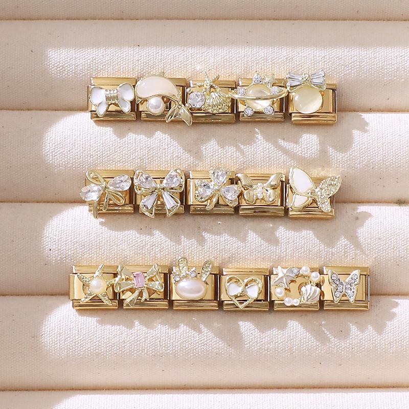 New Gold Color Heart Bow Rabbit Ears Pearl Italian Charm Links Fit 9mm Stainless Steel Bracelet Women Men DIY Making Jewelry