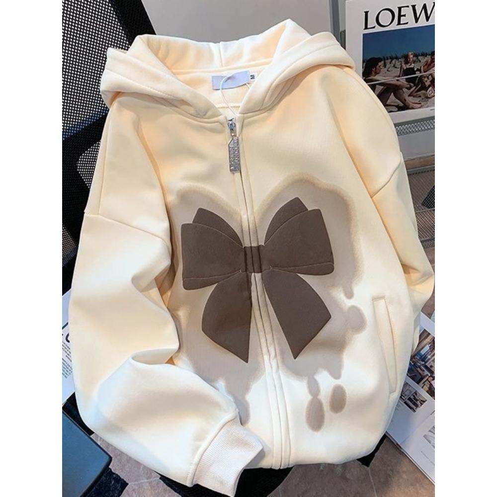 

Модный брендовый свитшот с капюшоном и бантом для женщин, оверсайз кардиган в стиле хай-стрит, тонкая и плотная верхняя одежда для весны и осени S абрикосовый