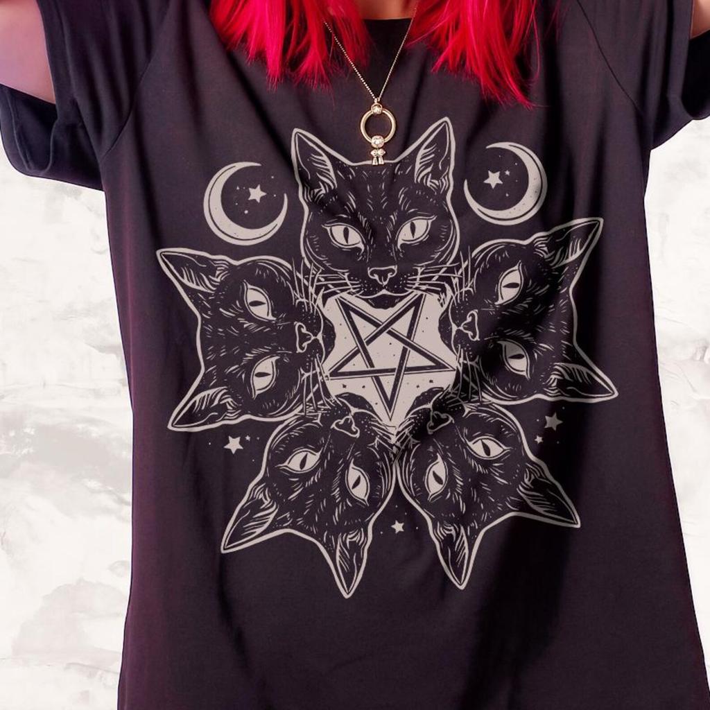 Witchy Black Cat Pentagram Shirt Gothic Celestial Moon Graphic Tee Gift