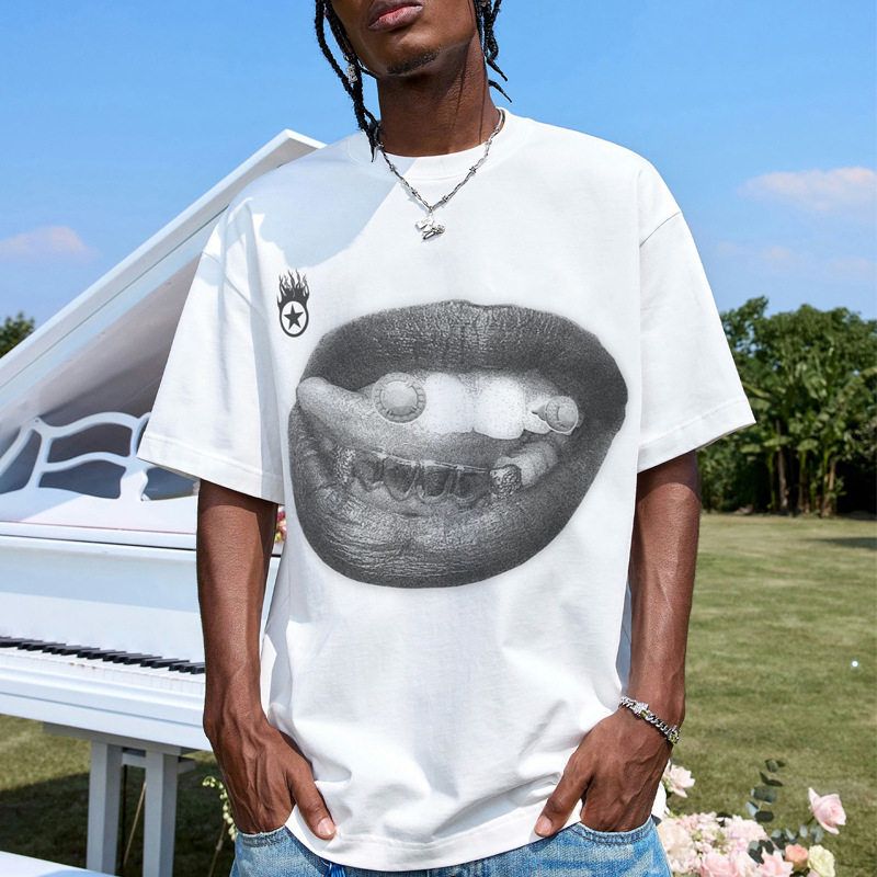 Tooth Drill Mouth Trendy Brand Short Sleeve Loose Hip Hop Street Casual Couple T-shirt Fun Creative TEE Men's Top