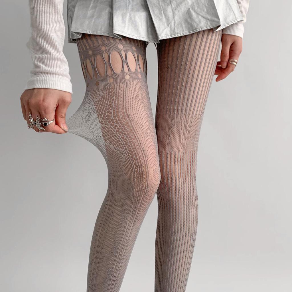 Sexy Fishnet Lace Stockings with Vertical Stripes & Heart Patchwork
