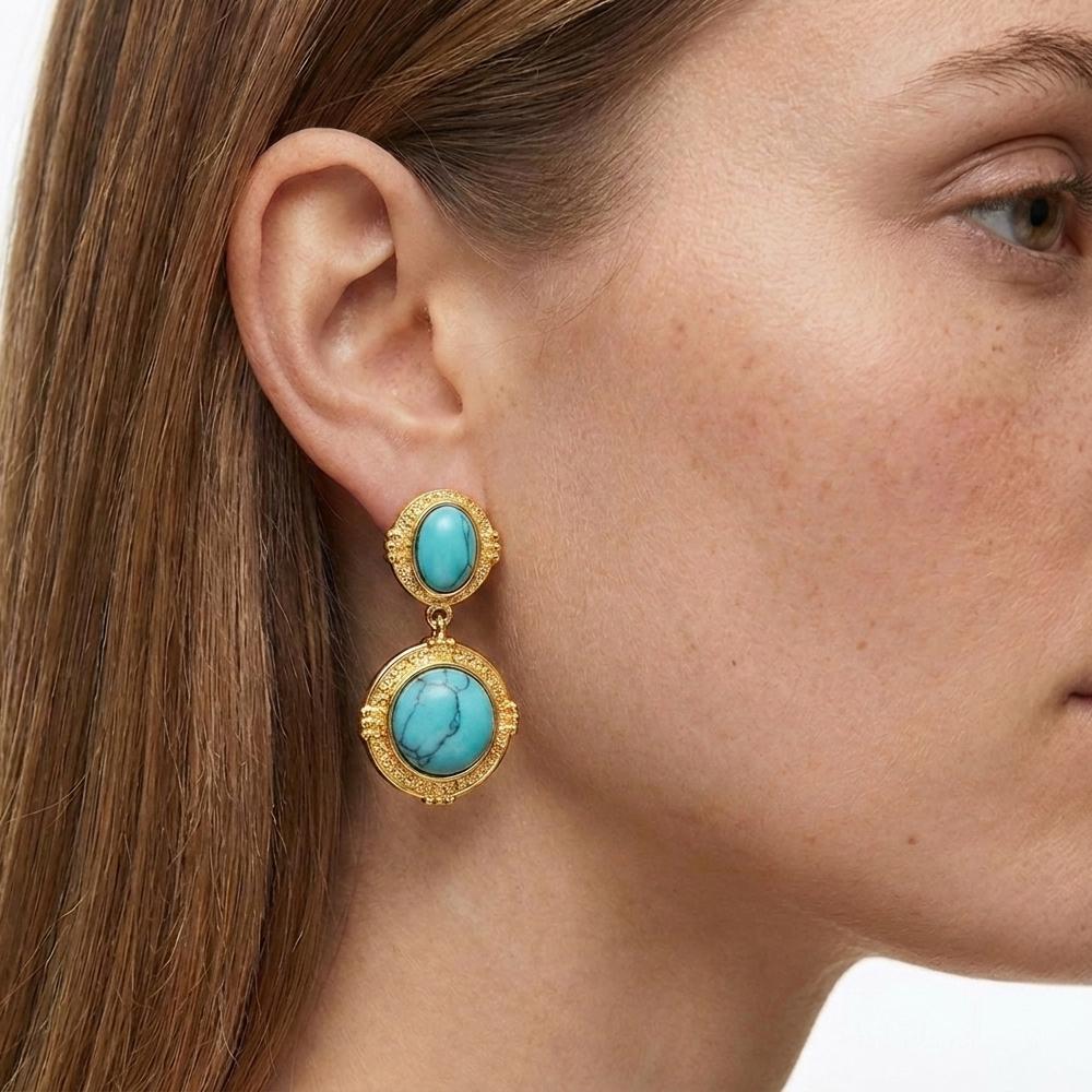 Vintage Turquoise Drop Earrings for Women Bohemian Gold Color Round Stone Dangle Earrings Ethnic Statement Jewelry Party Gift