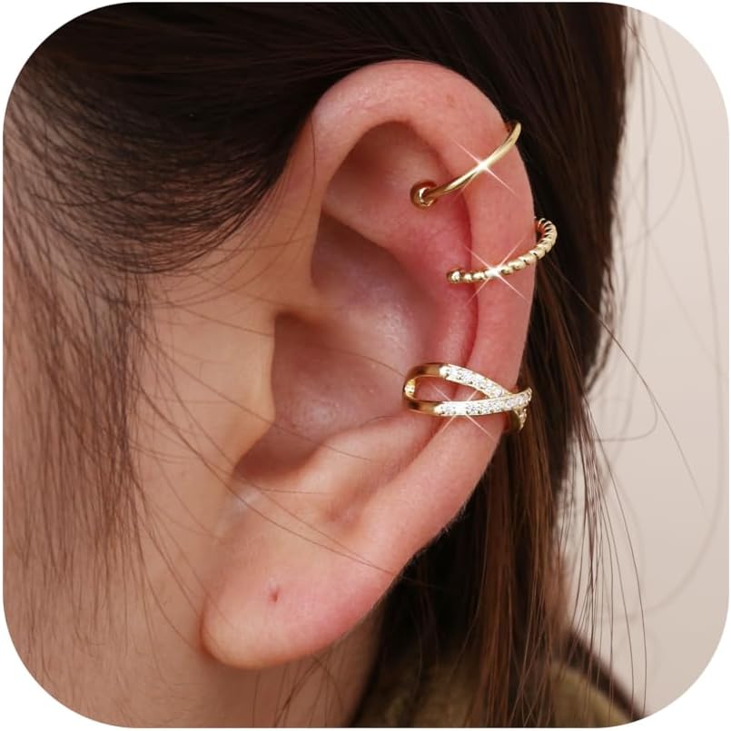 Ear Cuff Earrings for Women Non Piercing 14K Gold Plated Ear Cuffs Non Pierced Adjustable Fake Earrings Jewelry 3-4PCS