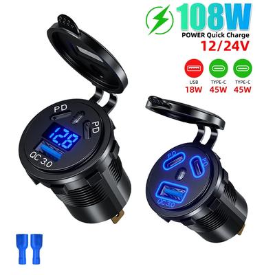 12V/24V USB Outlet 108W 3 Ports Car Charger Socket Dual 45W PD Type C & 18W QC 3.0 Motorcycle Socket Power Outlet Charge Adapter