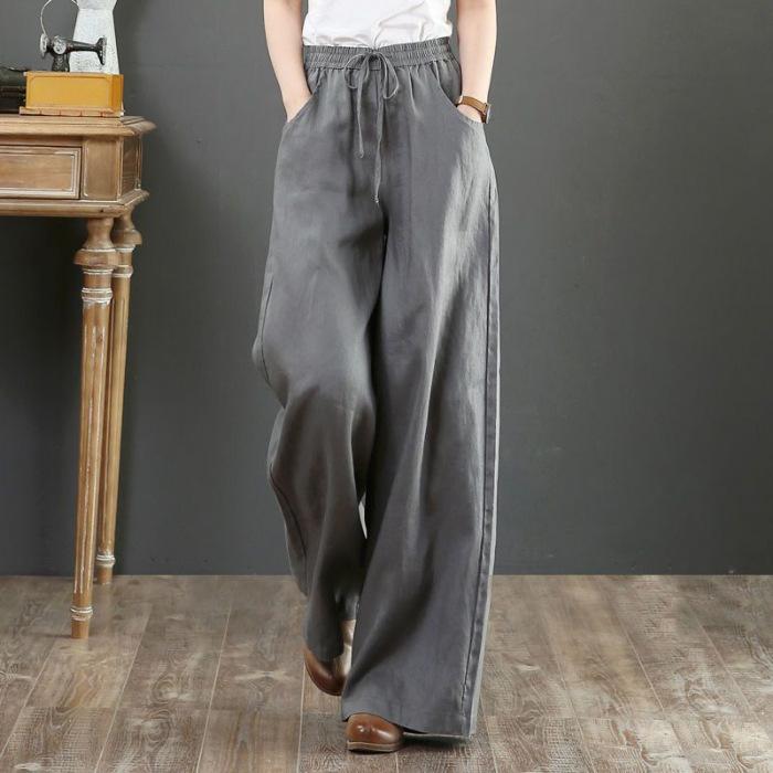 Plus Size Women Cotton Linen Vintage Elastic Waist Pants Loose Casual Wide Leg Trousers Culottes Flare Long Pants