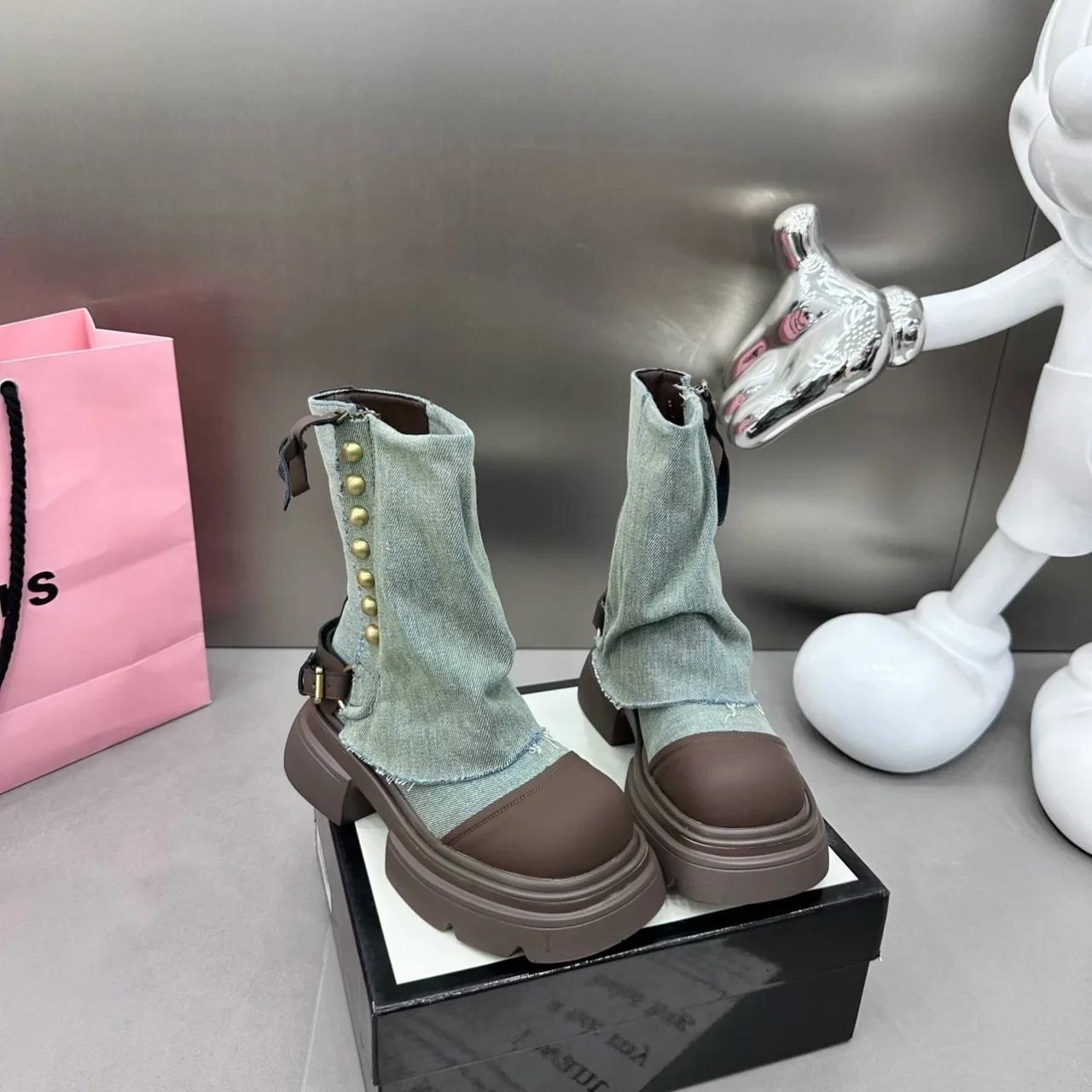 

Женские ковбойские ботинки челси на плоской подошве, зимние модные гладиаторские ботинки на платформе, готические туфли 2024 года, новые массивные женские мотоциклетные туфли 35