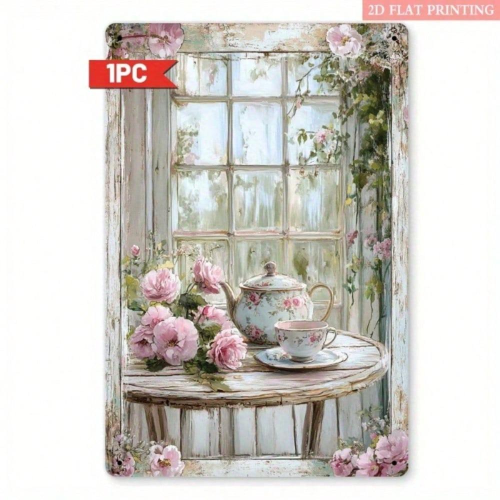 Vintage Metal Wall Art Roses Tea Set Waterproof Painting