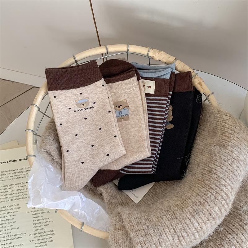 Female Spring and Autumn Polka Dot Striped Cartoon Bear Cloth Logo Collision Color Tube Pile Socks