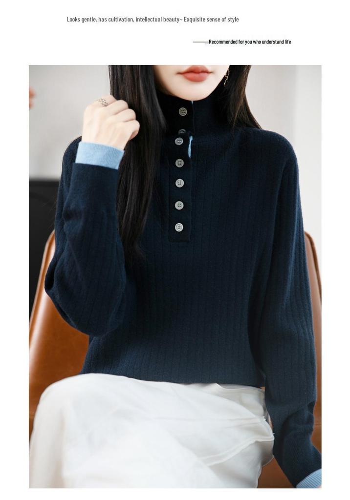 Women's V-Neck Wool Sweater - Half Button Color Block Pullover for Autumn/Winter