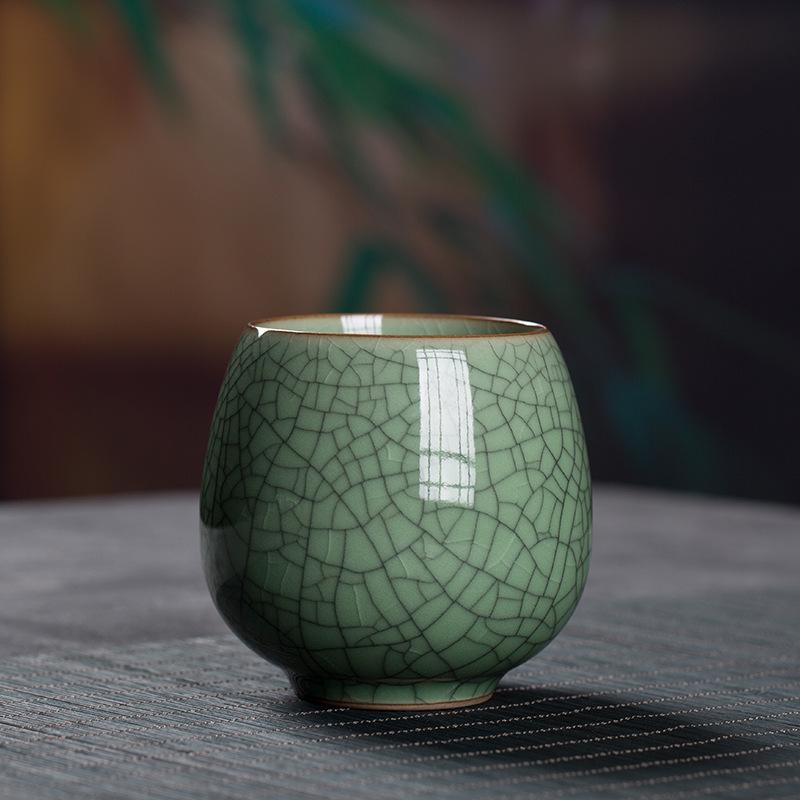 Longquan Celadon Ceramic Tea Cup - Handleless, Engravable, with Ice Crack Design for Home or Office Use