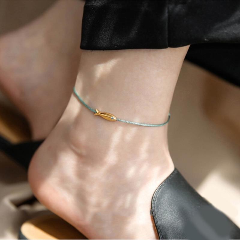 2 Pcs Fashion Gold Fish Charm Anklet Leg Foot Chain Lucky Carp Anklets Beach Jewelry Simple Blue Redness  Rope Woven Anklets