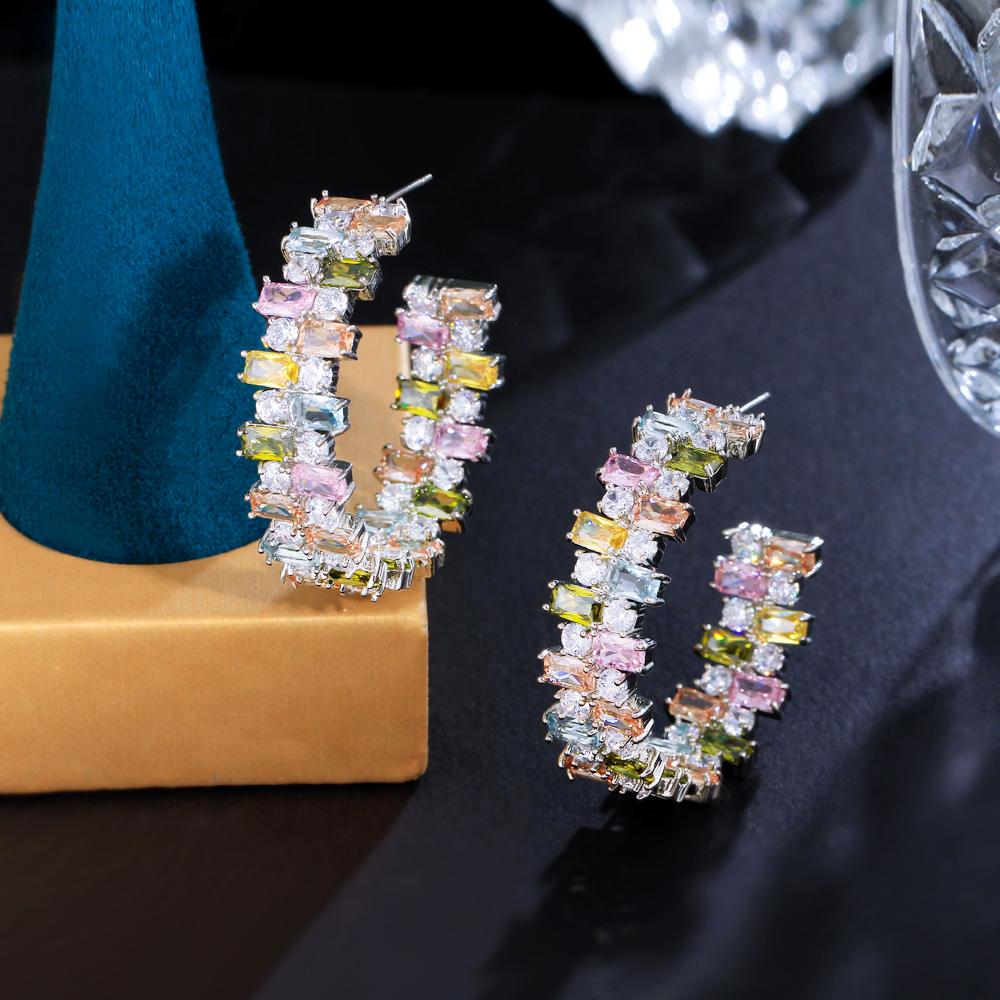 Glamorous Design Multicolor CZ Double Sided Cubic Zirconia Pave Chunky Round Hoop Earring for Women Big Luxury Jewelry